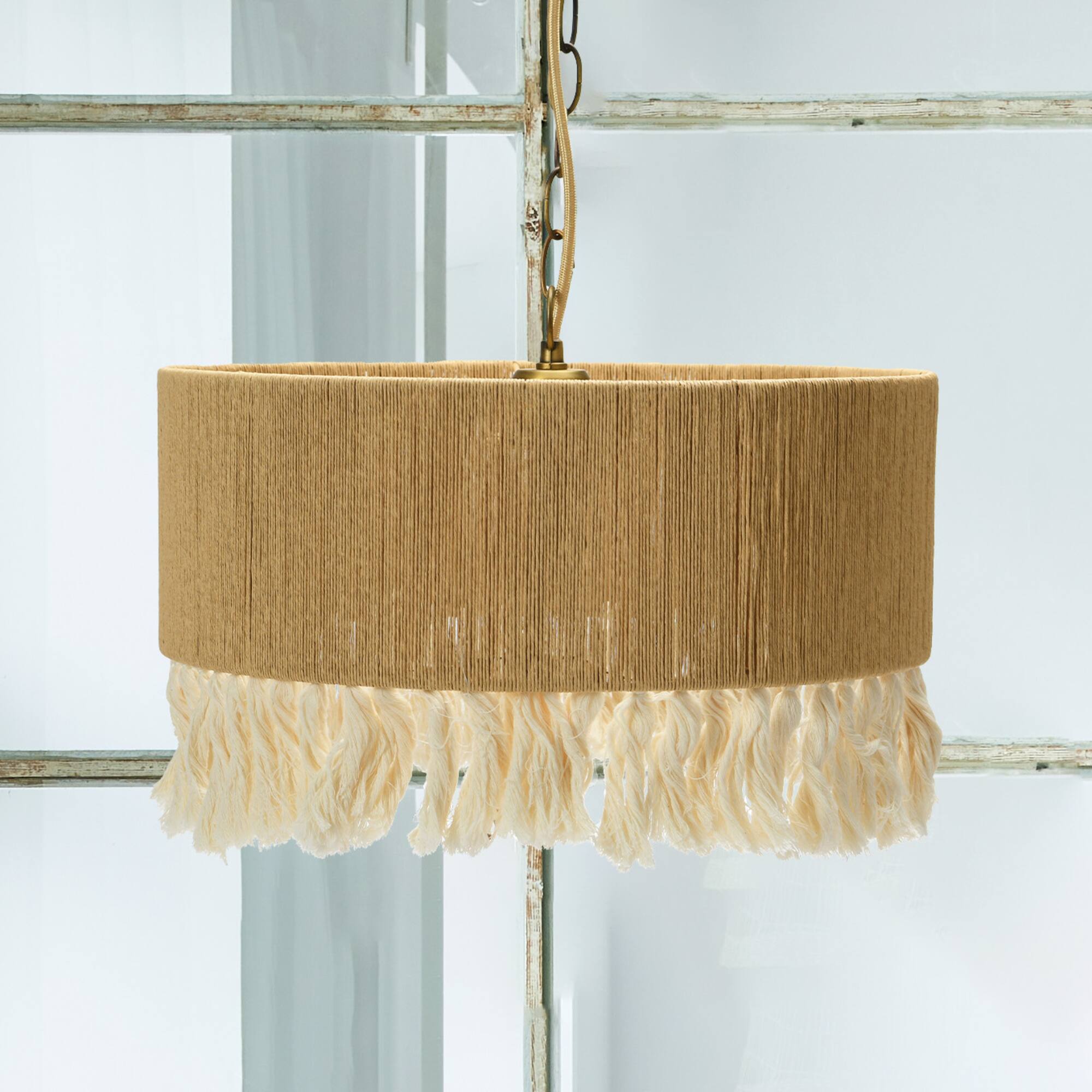 Hello Honey® 16" Brown Coastal Pendant Lamp with Natural Paper Rope Shade, Fringe Detail and Iron Base
